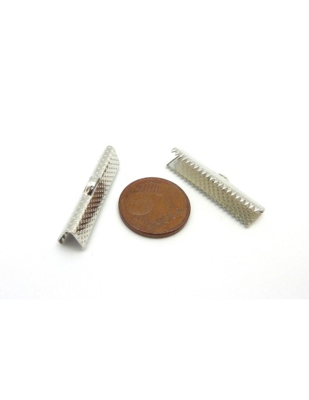 10 Embout griffe 25mm serre ruban, lacet, fil cordon en métal argenté gravé de points