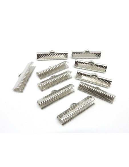 10 Embout griffe 25mm serre ruban, lacet, fil cordon en métal argenté gravé de points