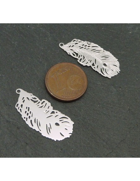 R-2 pendentifs breloques plume en filigrane très fine, légère et stylisé 26,4mm en métal argenté