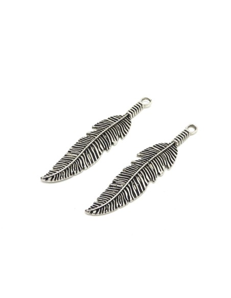 2 Grandes plume pendentif  6,4cm en métal argenté