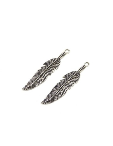2 Grandes plume pendentif  6,4cm en métal argenté