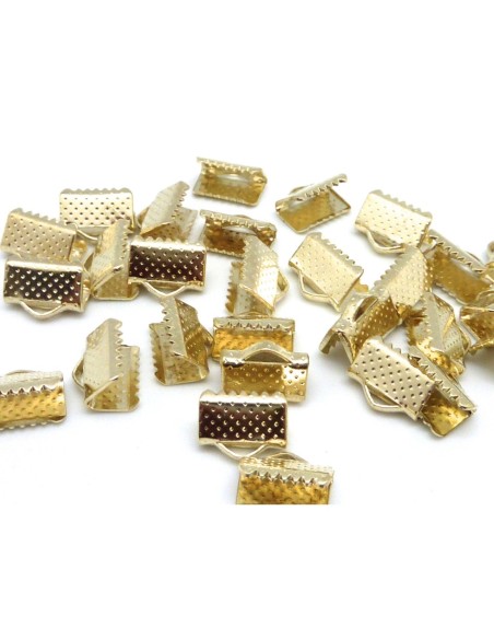 R-50 Embouts griffe serre ruban, lacet, fil cordon 10mm en métal doré pâle, jaune clair gravé de points