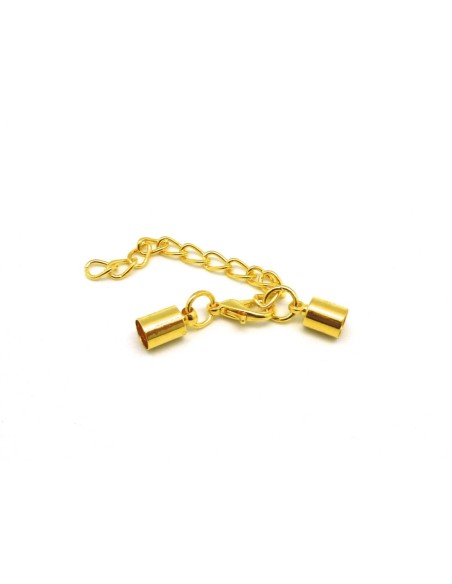 Fermoir mousqueton embout rond pour cordon de 5mm en métal doré avec chaine de rallonge