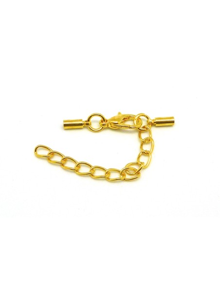 Fermoir mousqueton embout rond pour cordon de 2mm en métal doré avec chaine de rallonge