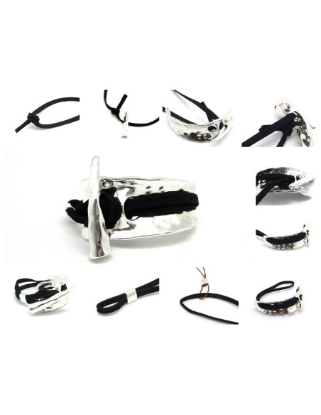 Fermoir toggle en métal argenté martelé, manchette , jonc