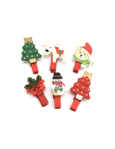 pince à linge Noël en bois 45mm : 6 modèles différents : sapin, renne, ourson, houx, bonhomme de neige