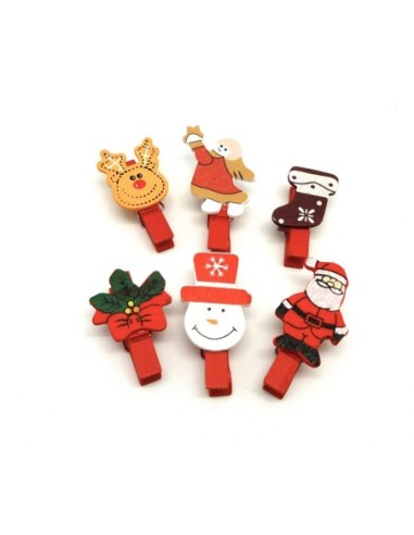 petite pince à linge Noël en bois 45mm : 6 modèles différents : père Noël , renne, botte, houx, bonhomme de neige