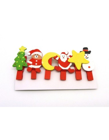 pinces à linge Noël en bois père Noël, lune, étoile, sapin, bonhomme de neige