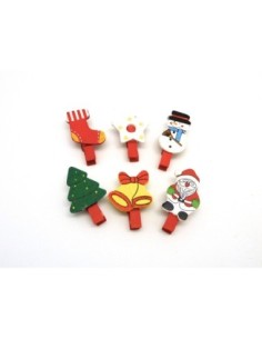 6 petites pinces à linge Noël en bois 45mm : 6 modèles différents : père Noël , renne, botte, houx, bonhomme de neige