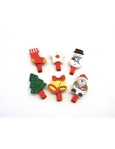 6 petites pinces à linge Noël en bois 45mm : 6 modèles différents : père Noël , renne, botte, houx, bonhomme de neige