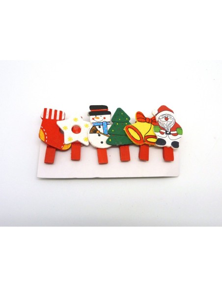 6 petites pinces à linge Noël en bois 45mm : 6 modèles différents : père Noël , renne, botte, houx, bonhomme de neige