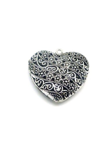 R-Grand Pendentif coeur grelot filigrane en métal argenté 47mm