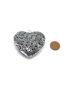 R-Grand Pendentif coeur grelot filigrane en métal argenté... 2