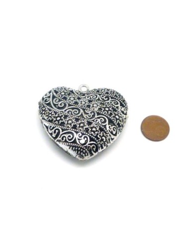 R-Grand Pendentif coeur grelot filigrane en...