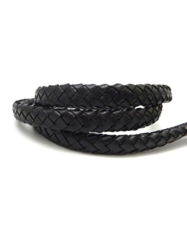 R-20cm de Cordon cuir plat ovale tressé épais 10mm x 4,2mm de couleur noir - CUIR VERITABLE