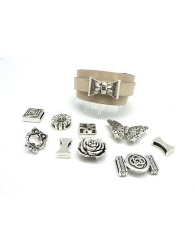 R-Kit bracelet cuir manchette ajustable avec lot de 10 perles passant en métal argenté à combiner : CUIR VERITABLE de couleur