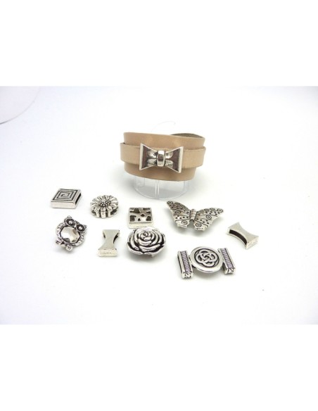 R-Kit bracelet cuir manchette ajustable avec lot de 10 perles passant en métal argenté à combiner : CUIR VERITABLE de couleur