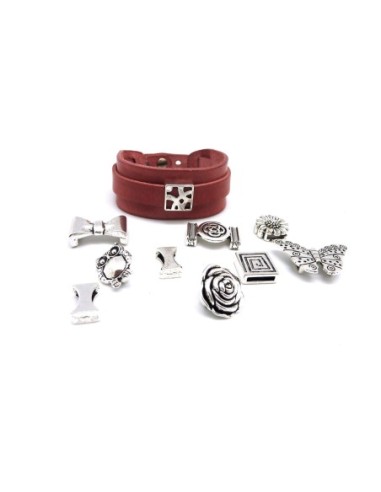 R-Kit bracelet cuir manchette ajustable avec lot de 10 perles passant en métal argenté à combiner : CUIR VERITABLE de couleur