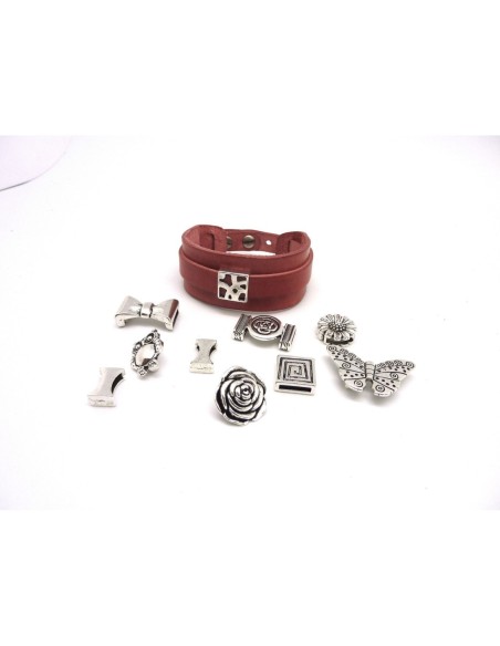 R-Kit bracelet cuir manchette ajustable avec lot de 10 perles passant en métal argenté à combiner : CUIR VERITABLE de couleur