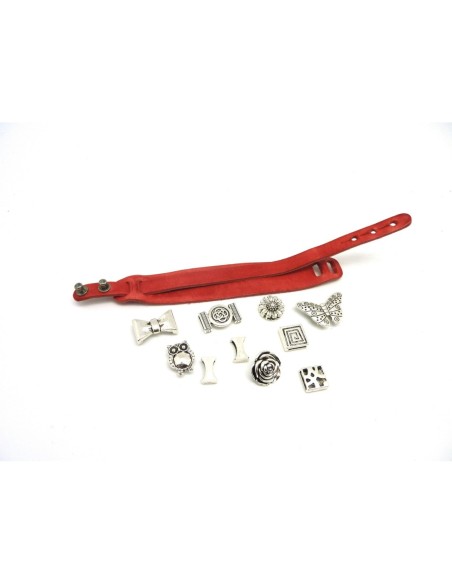 R-Kit bracelet cuir manchette ajustable avec lot de 10 perles passant en métal argenté à combiner : CUIR VERITABLE de couleur