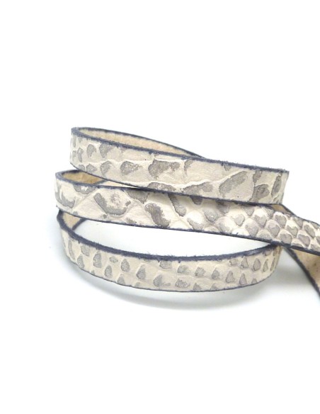20cm lanière cuir plat 10mm texturé gravé serpent de couleur blanc beige, gris argenté