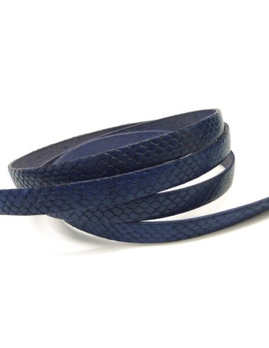 Lanière cuir plat 10mm texturé serpent écailles couleur bleu foncé