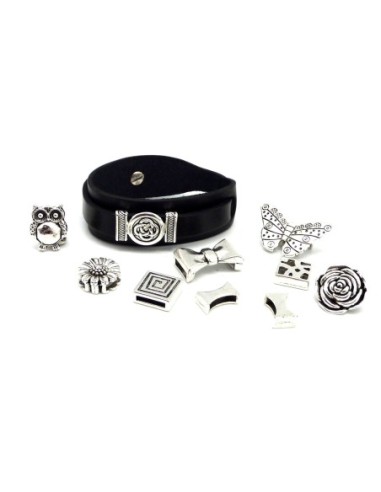 R-Kit bracelet cuir manchette ajustable avec lot de 10 perles passant en métal argenté à combiner : CUIR VERITABLE noir