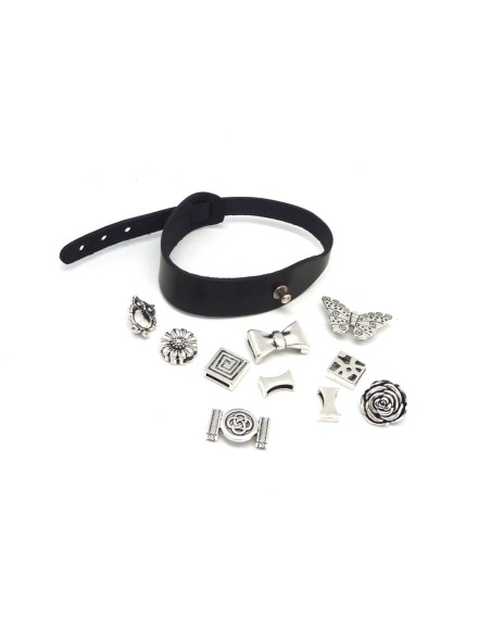 R-Kit bracelet cuir manchette ajustable avec lot de 10 perles passant en métal argenté à combiner : CUIR VERITABLE noir
