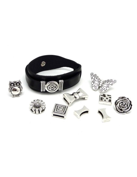 R-Kit bracelet cuir manchette ajustable avec lot de 10 perles passant en métal argenté à combiner : CUIR VERITABLE noir
