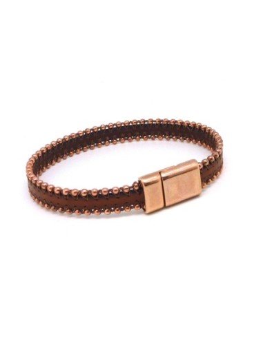 Kit bracelet cuir 10mm orné de chainette bille et fermoir aimanté en zamak couleur or rose CUIR VERITABLE