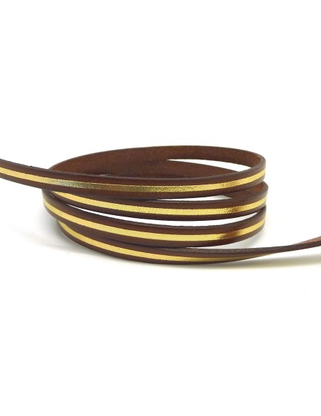 20cm lanière cuir plat 5mm bicolore marron et doré grande qualité - CUIR VERITABLE