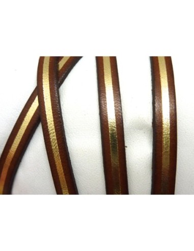 20cm lanière cuir plat 5mm bicolore marron et doré grande qualité - CUIR VERITABLE