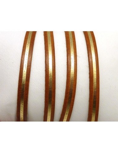 20cm lanière cuir plat 5mm bicolore marron camel et doré grande qualité - CUIR VERITABLE