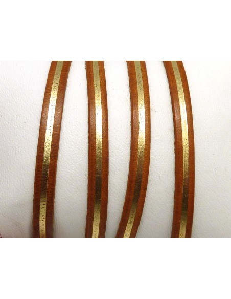 20cm lanière cuir plat 5mm bicolore marron camel et doré grande qualité - CUIR VERITABLE