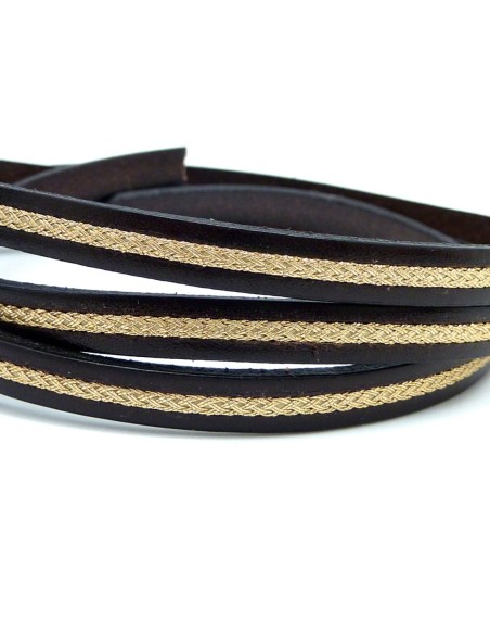 R-20cm lanière cuir plat 6,5mm bicolore marron brun et cordon doré inséré grande qualité - CUIR VERITABLE