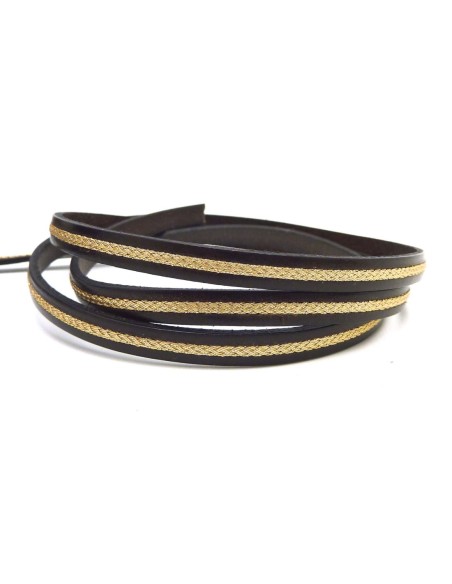 R-20cm lanière cuir plat 6,5mm bicolore marron brun et cordon doré inséré grande qualité - CUIR VERITABLE
