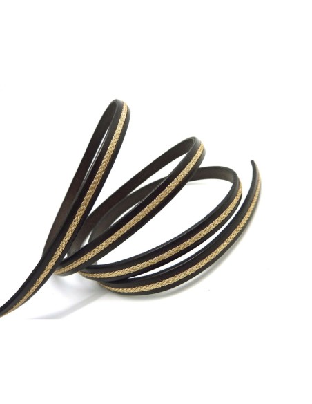R-20cm lanière cuir plat 6,5mm bicolore marron brun et cordon doré inséré grande qualité - CUIR VERITABLE