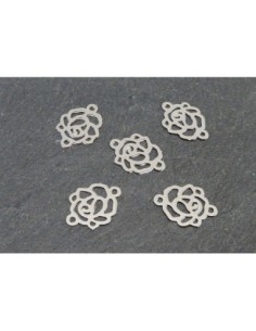 5 Petits Connecteurs rose camelia en filigrane très fin et léger 12,5mm en métal argenté
