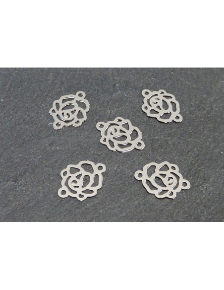 5 Petits Connecteurs rose camelia en filigrane très fin et léger 12,5mm en métal argenté