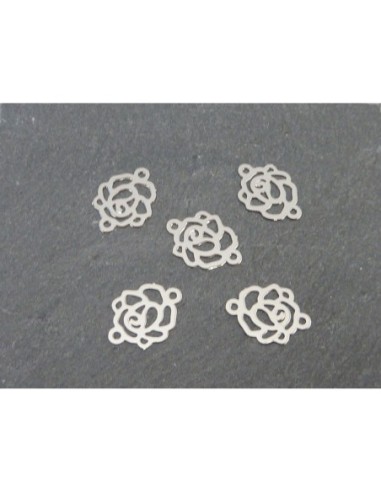 5 Petits Connecteurs rose camelia en filigrane très fin et léger 12,5mm en métal argenté