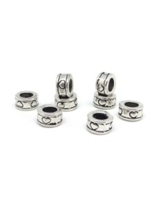 Perles anneau, cylindre gravé de coeur à gros trou 5mm