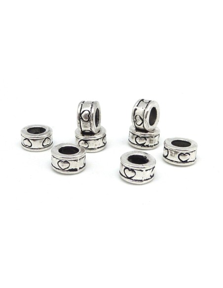 Perles anneau, cylindre gravé de coeur à gros trou 5mm