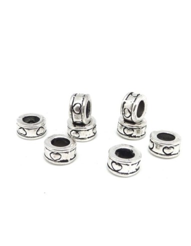 10 Perles anneau, cylindre gravé de coeur à gros trou 5mm