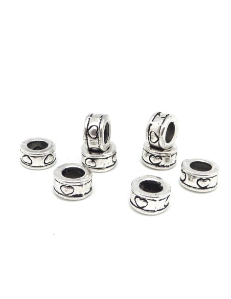 10 Perles anneau, cylindre gravé de coeur à gros trou 5mm
