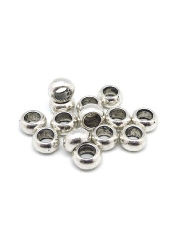 Perle rondes aplaties 10mm en métal argenté lisse à gros trou 5,7mm