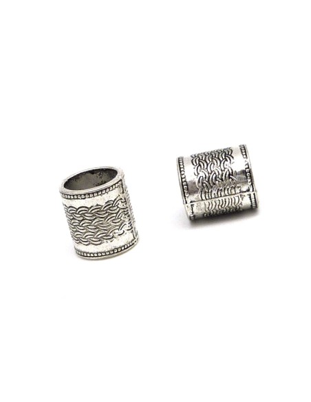 3 Grosses perles travaillé tube 12,5mm à gros trou 10mm en métal argenté