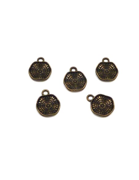 10 breloques sequin travaillé en métal de couleur bronze 13mm