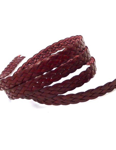 20cm de lanière cuir tressé plat 8,5mm de couleur bordeaux, rouge marsala - CUIR VERITABLE