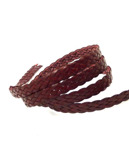 20cm de lanière cuir tressé plat 8,5mm de couleur bordeaux, rouge marsala - CUIR VERITABLE
