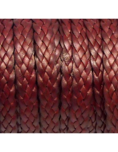 20cm de lanière cuir tressé plat 8,5mm de couleur bordeaux, rouge marsala - CUIR VERITABLE